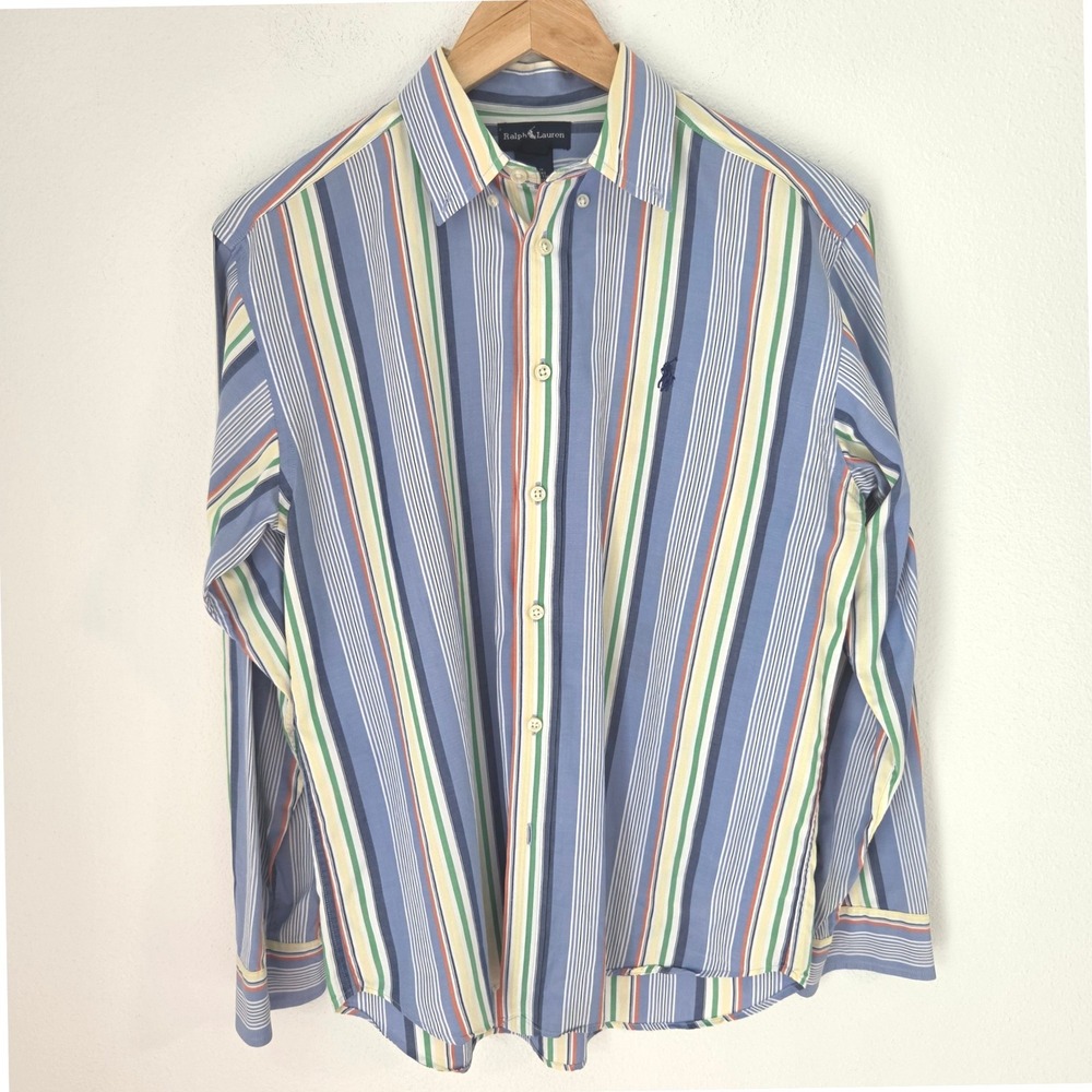 Ralph Lauren Boys Large 16/18 Striped Button Down Shirt Blue Green Yellow Cotton